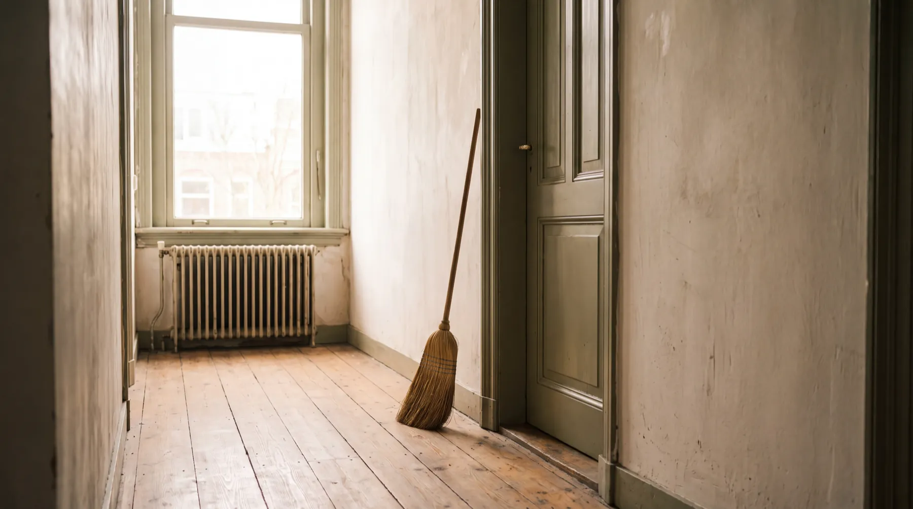 Bezemschoon geveegde hal met bezem tegen de muur, klaar voor de sleuteloverdracht