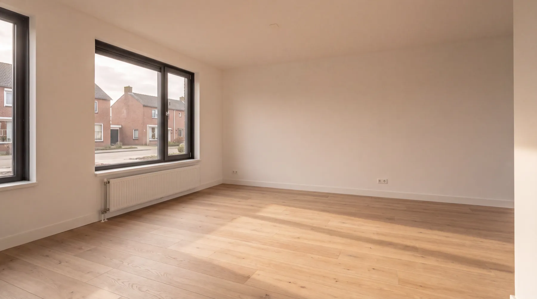 Lege woonkamer met houten vloer, bezemschoon opgeleverd na een woningontruiming