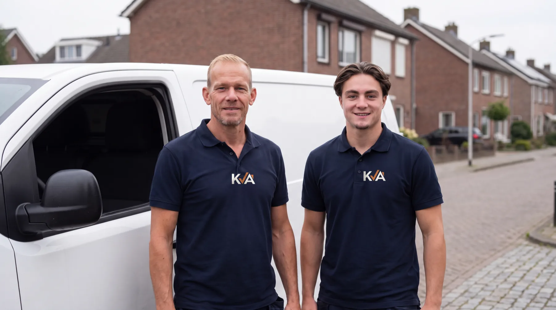 Het team van KVA Ontruimingen in donkerblauwe bedrijfspolo met logo, naast de bedrijfsbus in een Brabantse woonstraat