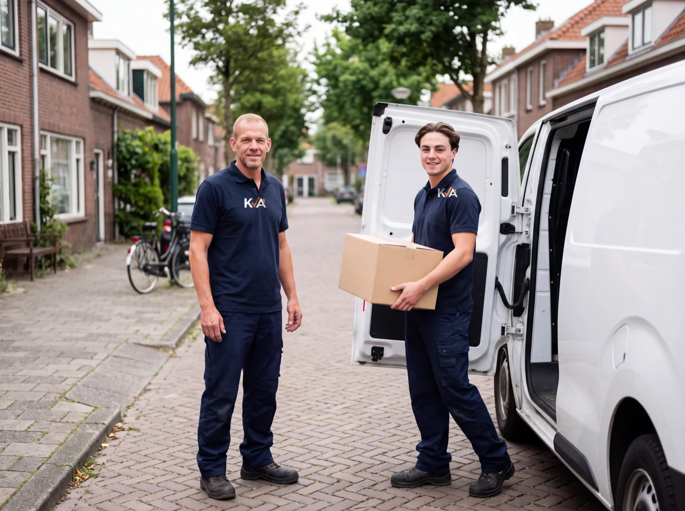 Twee medewerkers van KVA Ontruimingen in bedrijfspolo met logo dragen een verhuisdoos naar de bus tijdens een woningontruiming