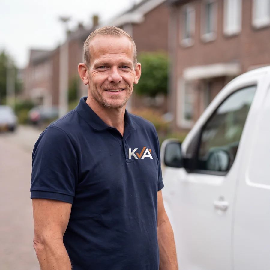 Oprichter van KVA Ontruimingen in donkerblauwe werkpolo naast de bedrijfsbus