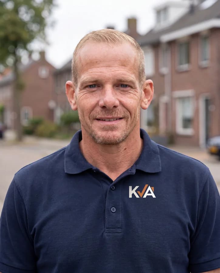 Portret van een van de oprichters van KVA Ontruimingen in donkerblauwe werkpolo, buiten in een woonwijk