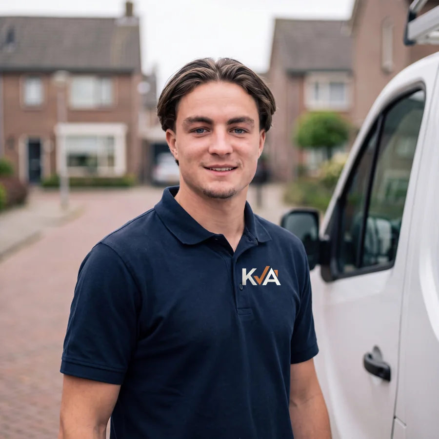 Tweede oprichter van KVA Ontruimingen in donkerblauwe werkpolo naast de bedrijfsbus