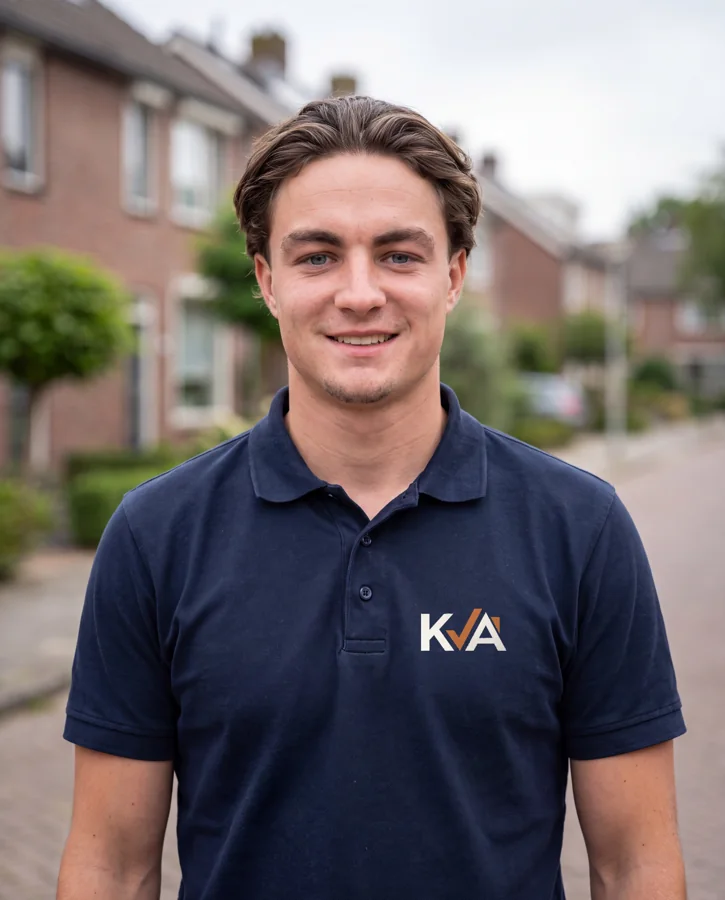 Portret van de tweede oprichter van KVA Ontruimingen in donkerblauwe werkpolo, buiten in een woonwijk