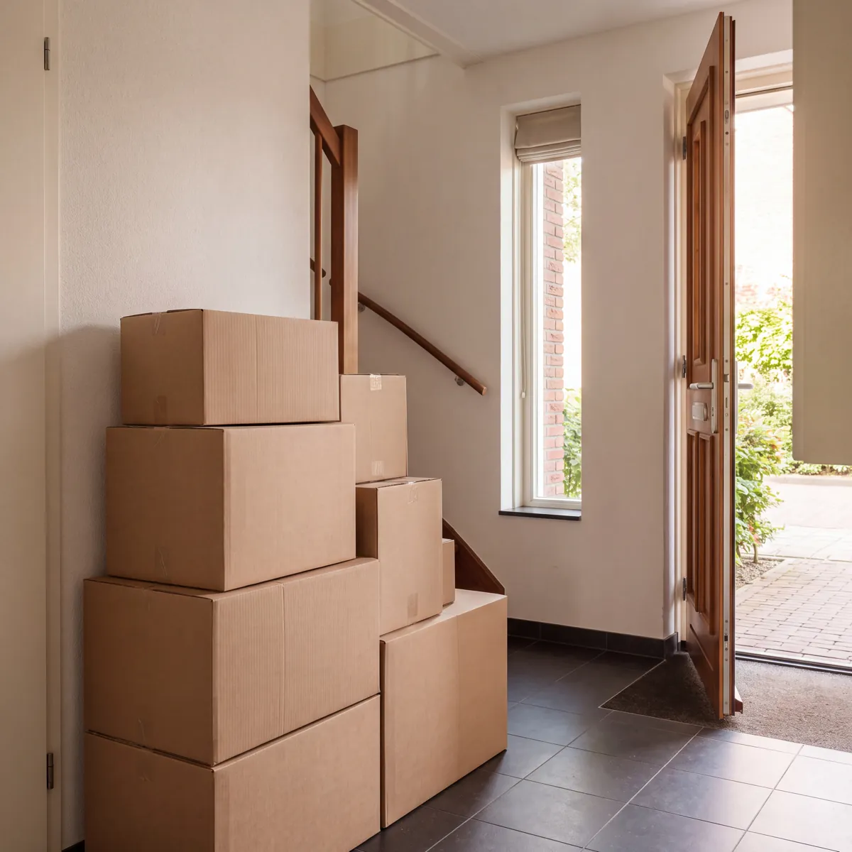 Verhuisdozen gestapeld bij de voordeur van een woning tijdens een verhuizing