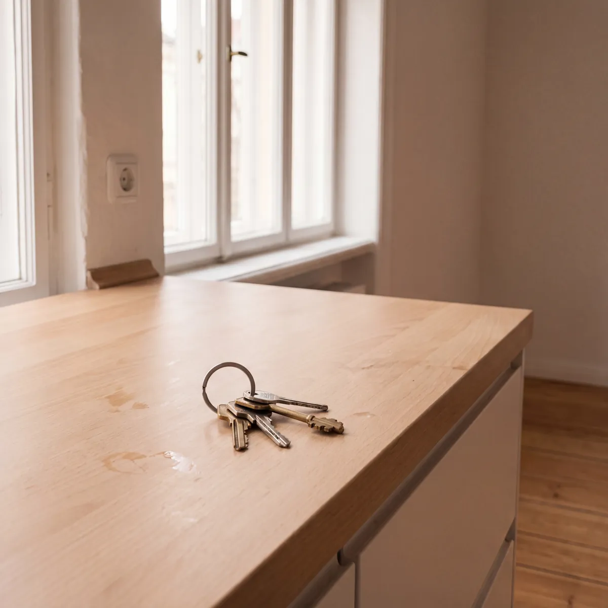 Huissleutels op het aanrecht van een leeg opgeleverde woning, klaar voor de sleuteloverdracht